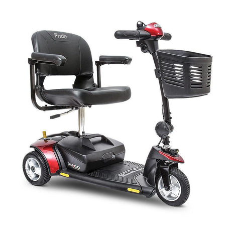 a red and black 3-wheeled scooter with a basked on a white background