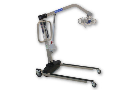 a black and beige 4-point electric hoyer lift viewed from the left side at an angle