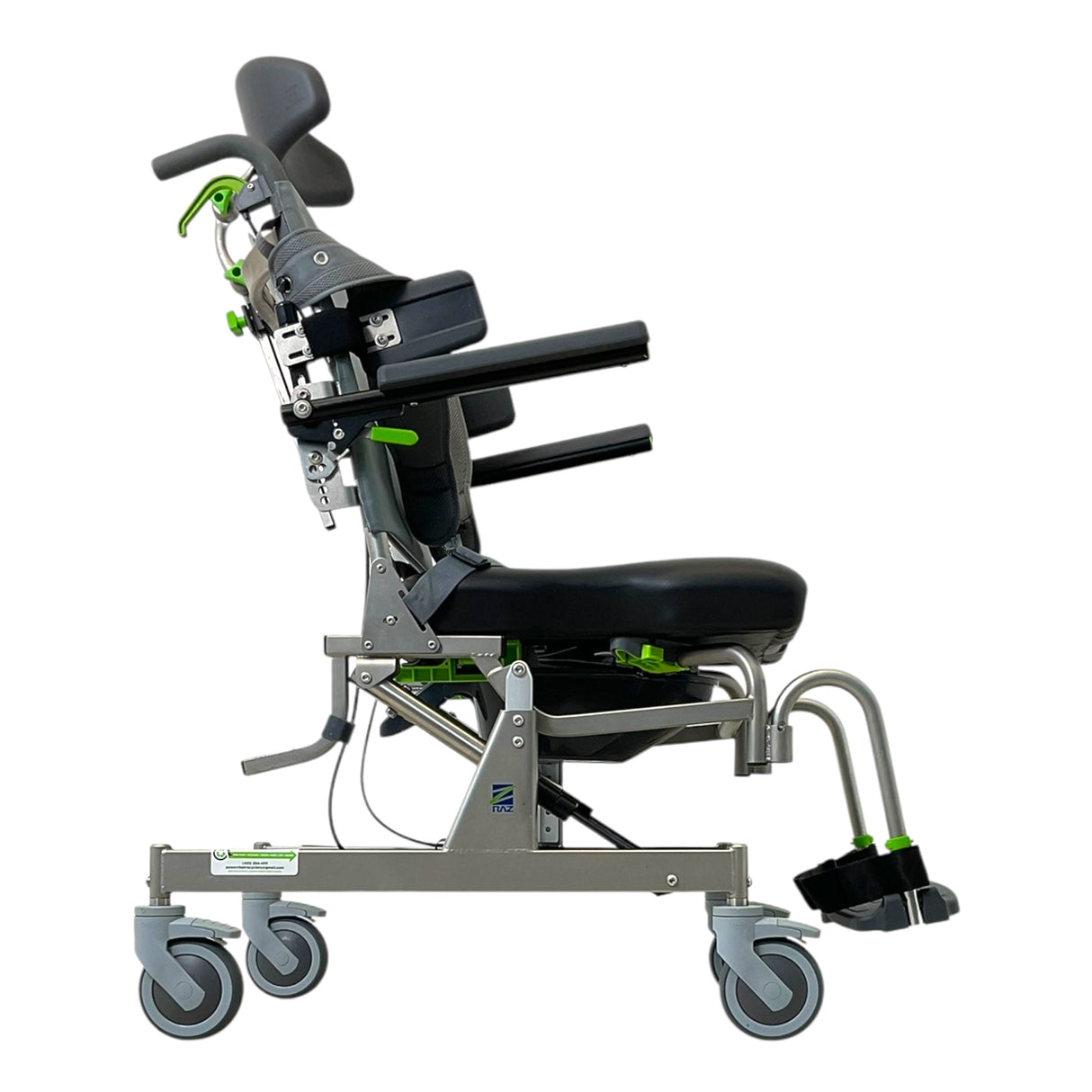 Right Side View of Raz Designs RAZ-AT (Attendant Tilt) Shower Chair & Commode