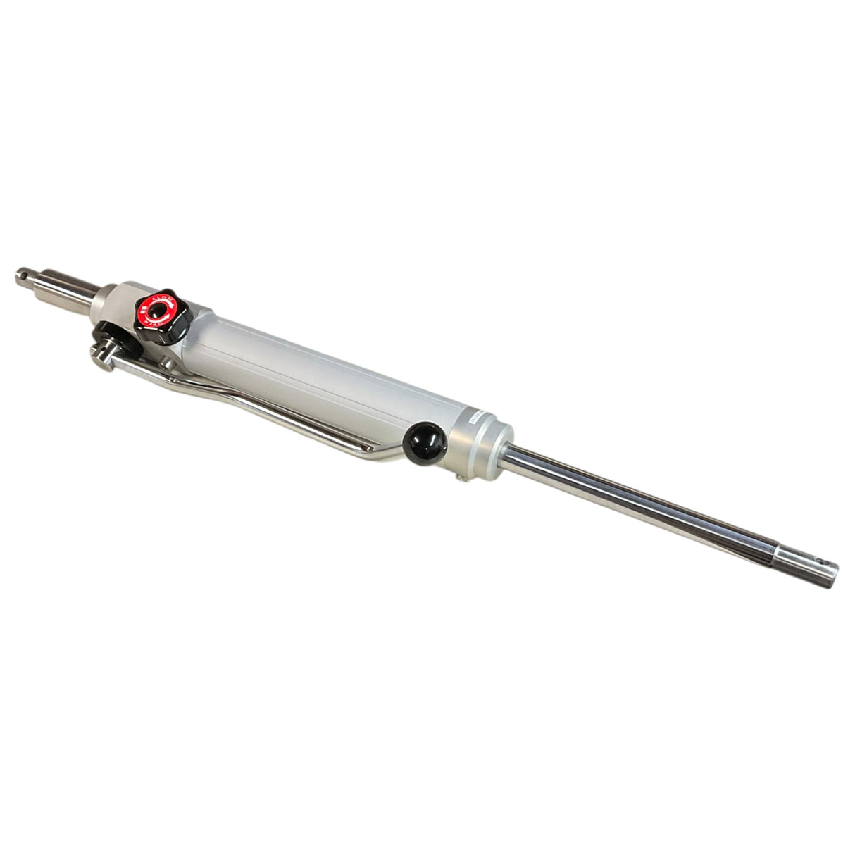 A silver metal hydraulic cylinder with a white plastic barrel, a chrome rod, and a red adjustment knob, shown on a plain white background.