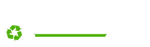 the logo for Mobility Equipment Recyclers of New England, features white capitalized text to the right of a white icon representation of a manual wheelchair user with a green recycle symbol in the center of the wheel
