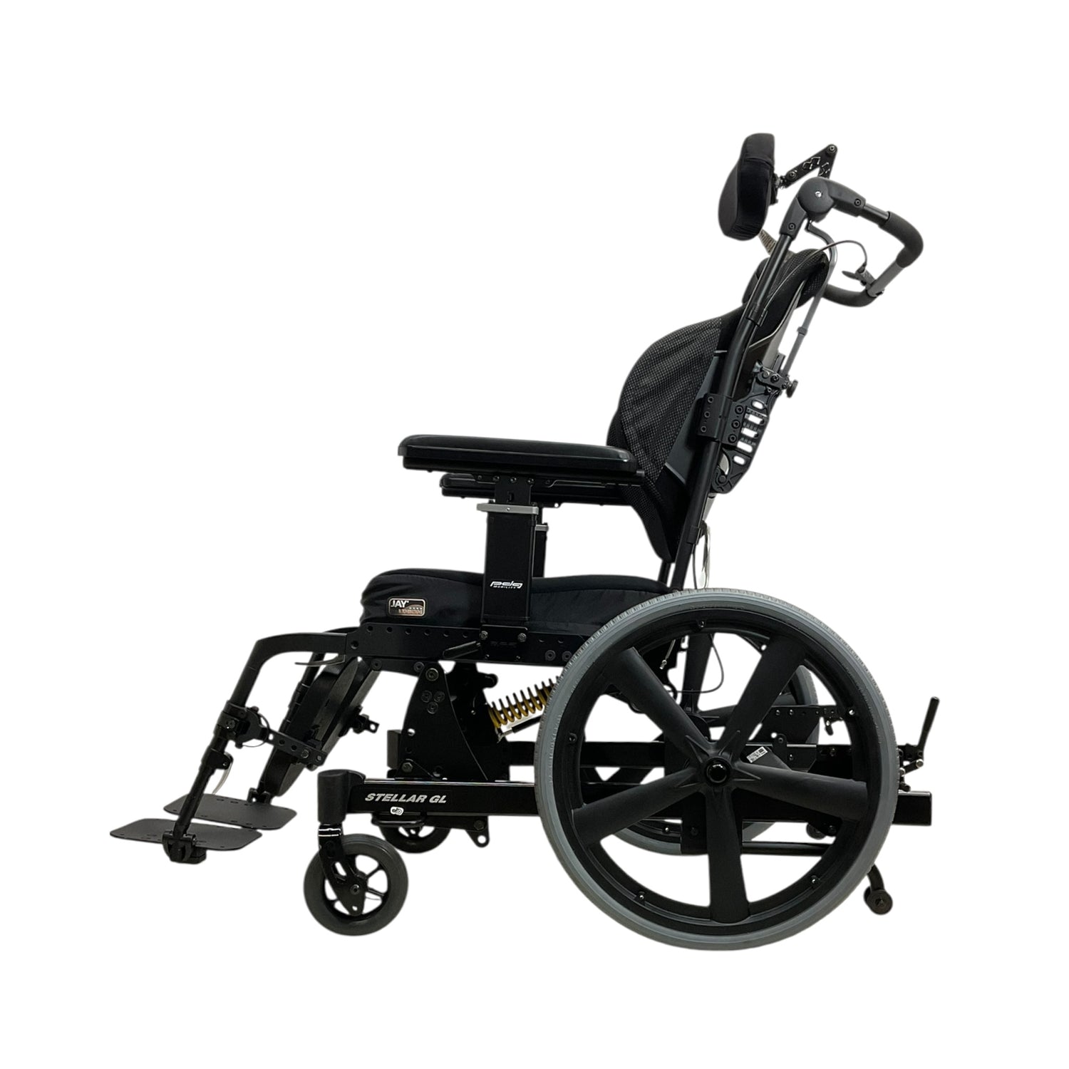 Left Side View of PDG Stellar Tilt-in-Space Manual Wheelchair with Self-Propel Tires