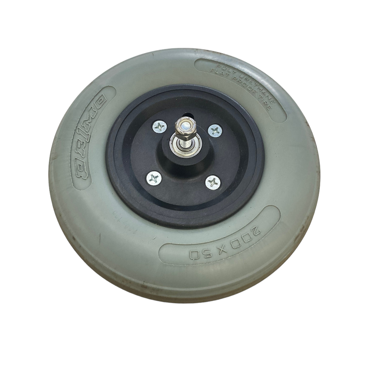 Overhead view of single Primo poly urethane Flat-free caster wheels