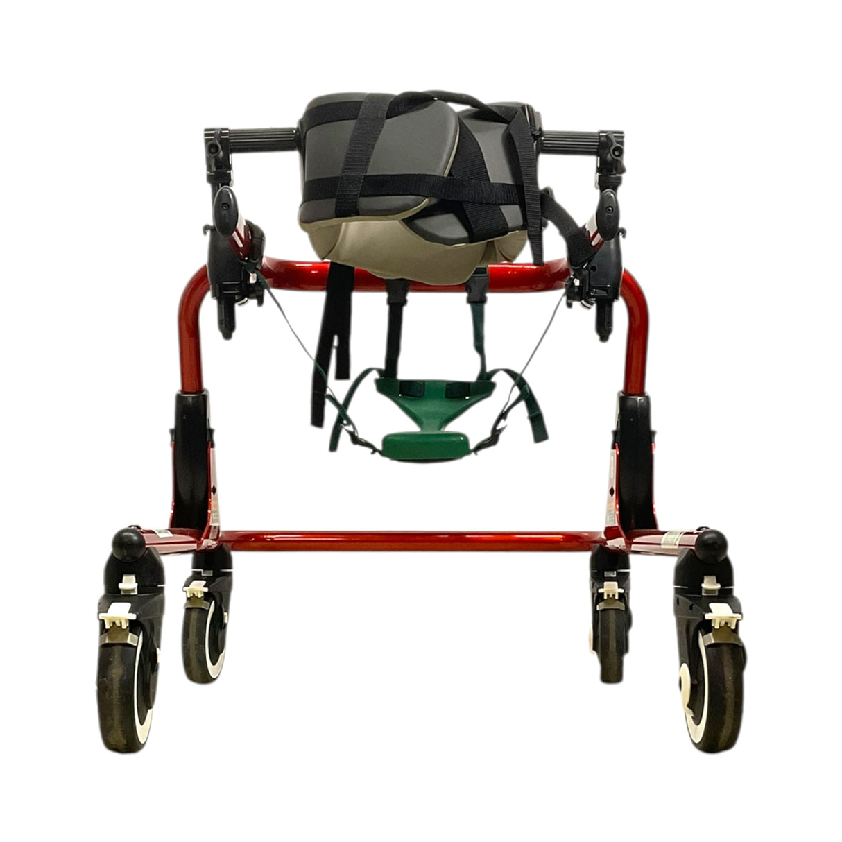 Red walker with a helmet on a white background