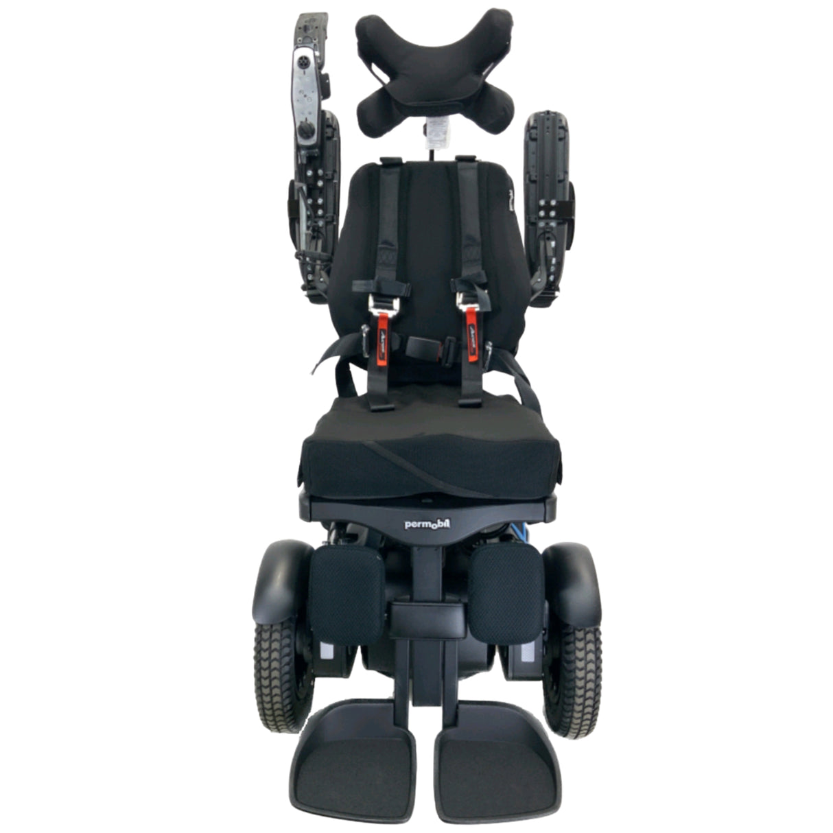Front view of Permobil F3 with arm rests flipped up
