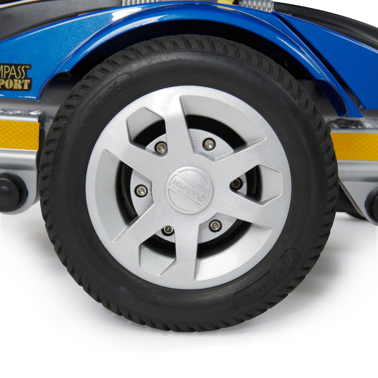 Side view of Golden Technologies Compass Sport power chair tires