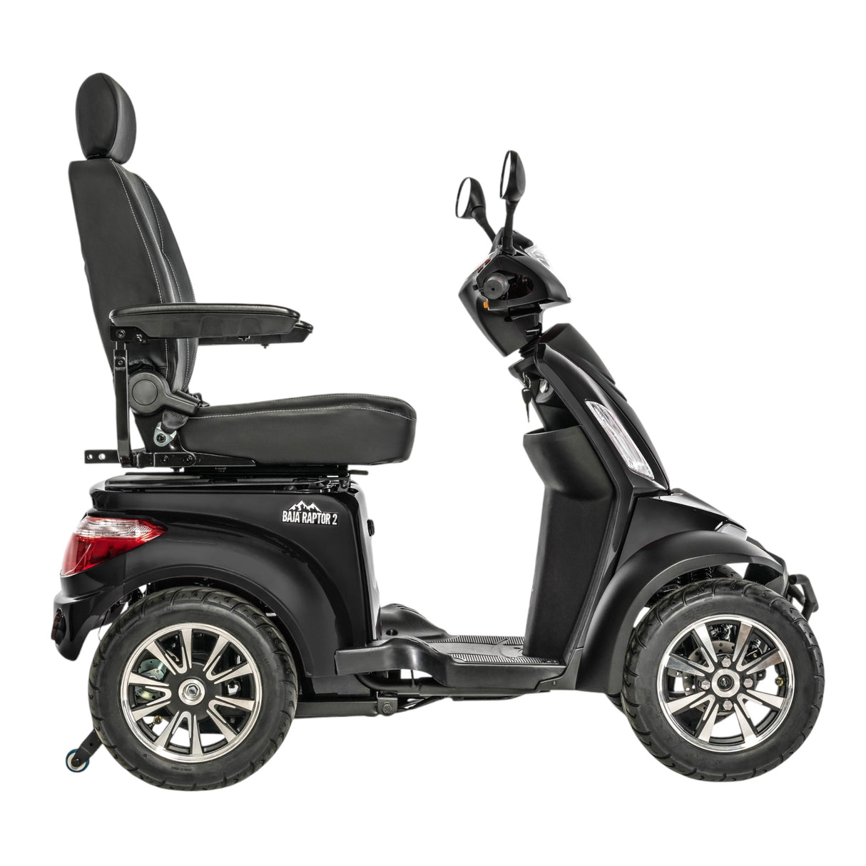 Right profile view of black Pride Mobility Baja Raptor 2 4 Wheel Heavy Duty Mobility Scooter