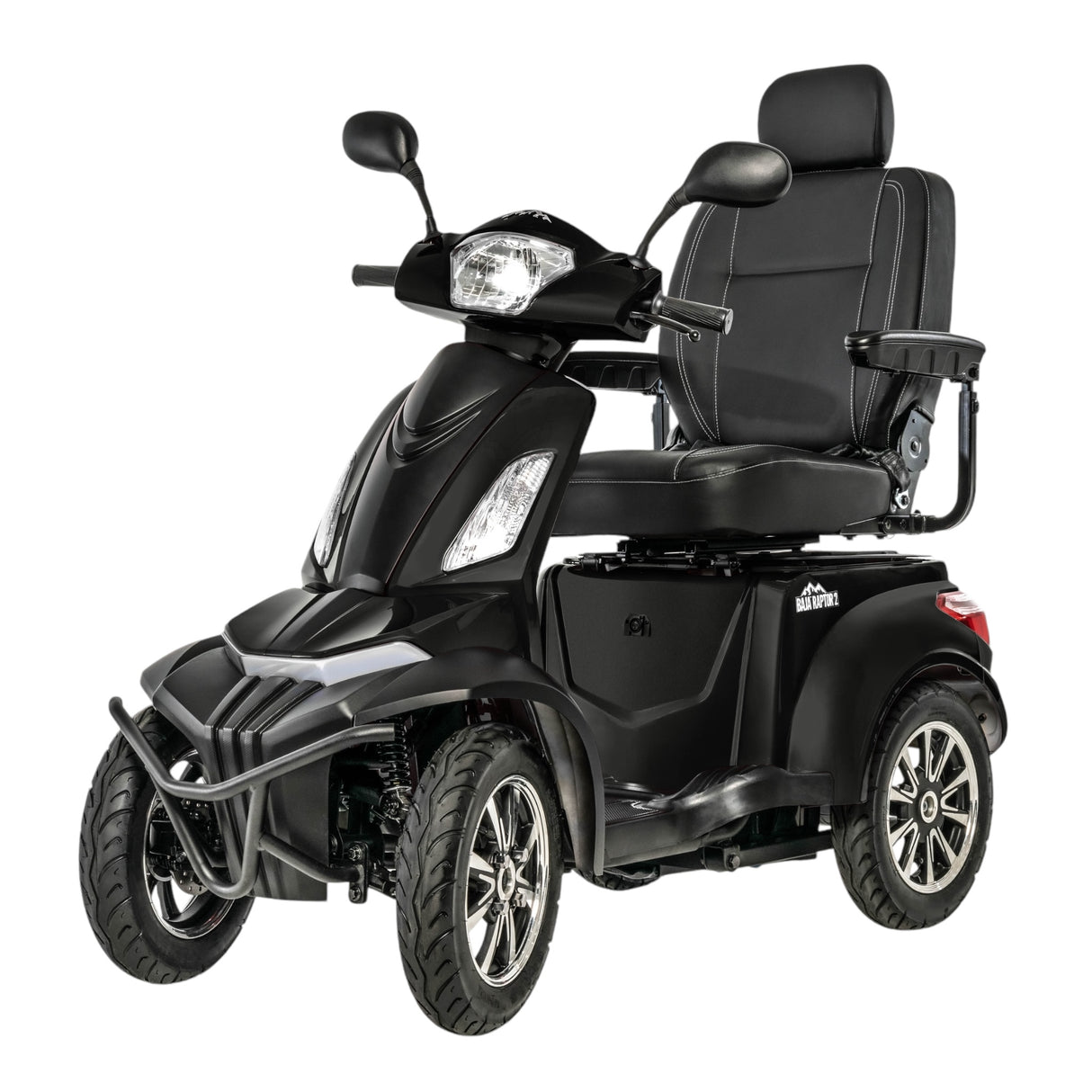 Left side view of black Pride Mobility Baja Raptor 2 4 Wheel Heavy Duty Mobility Scooter