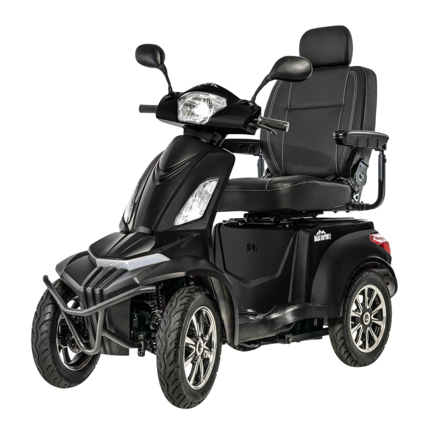 Left side view of black Pride Mobility Baja Raptor 2 4 Wheel Heavy Duty Mobility Scooter