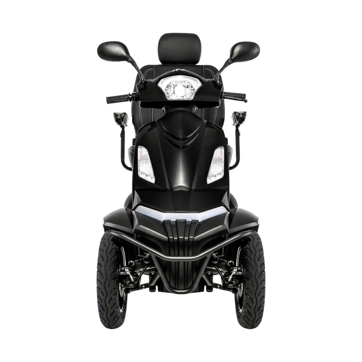 Front view of black Pride Mobility Baja Raptor 2 4 Wheel Heavy Duty Mobility Scooter