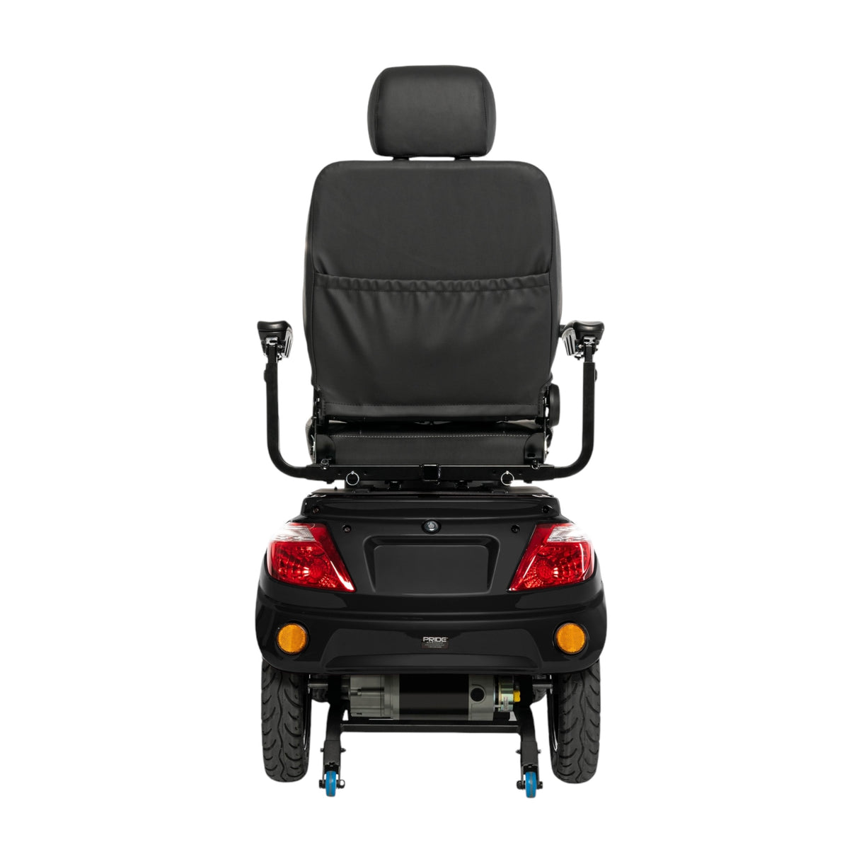 Back view of black Pride Mobility Baja Raptor 2 4 Wheel Heavy Duty Mobility Scooter