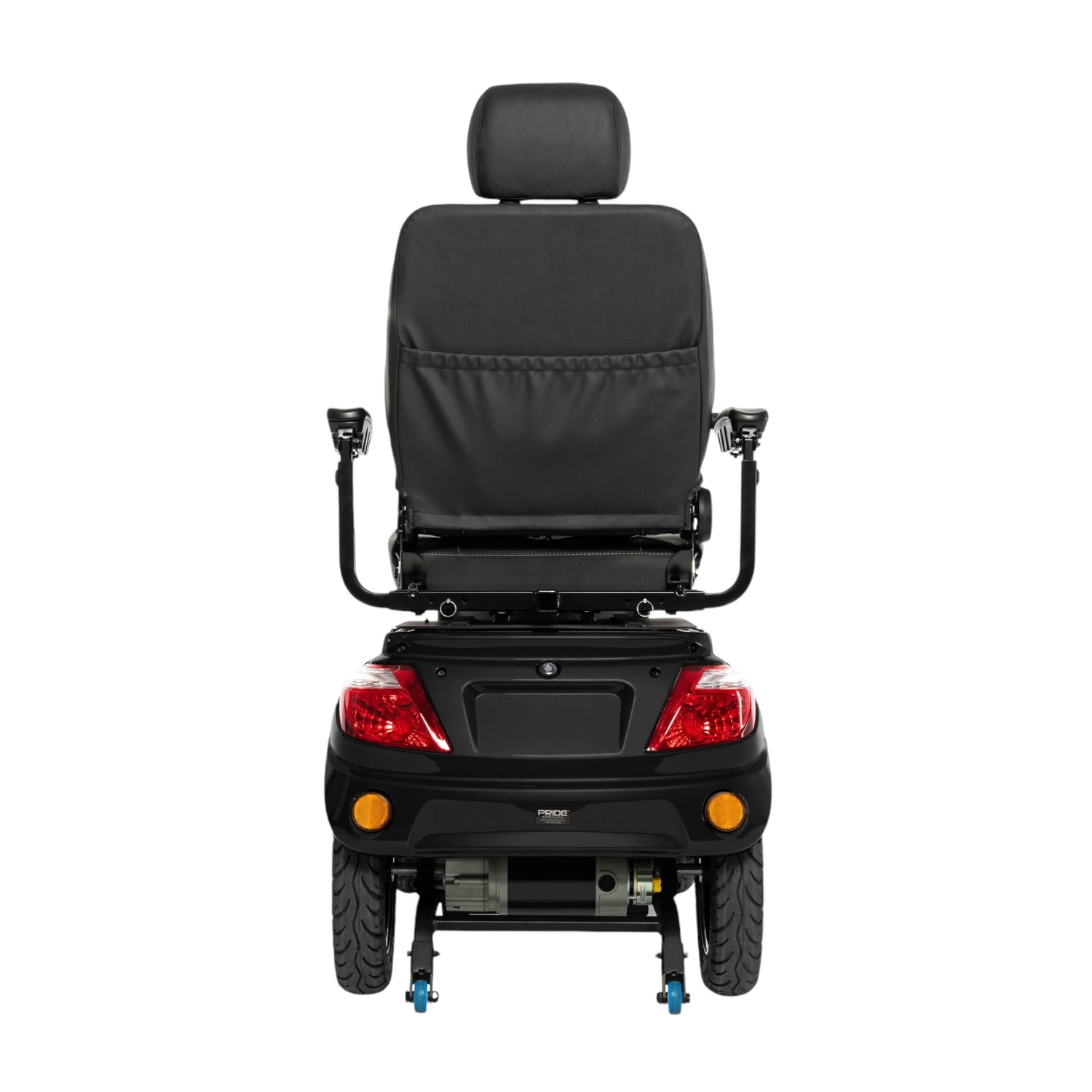 Back view of black Pride Mobility Baja Raptor 2 4 Wheel Heavy Duty Mobility Scooter