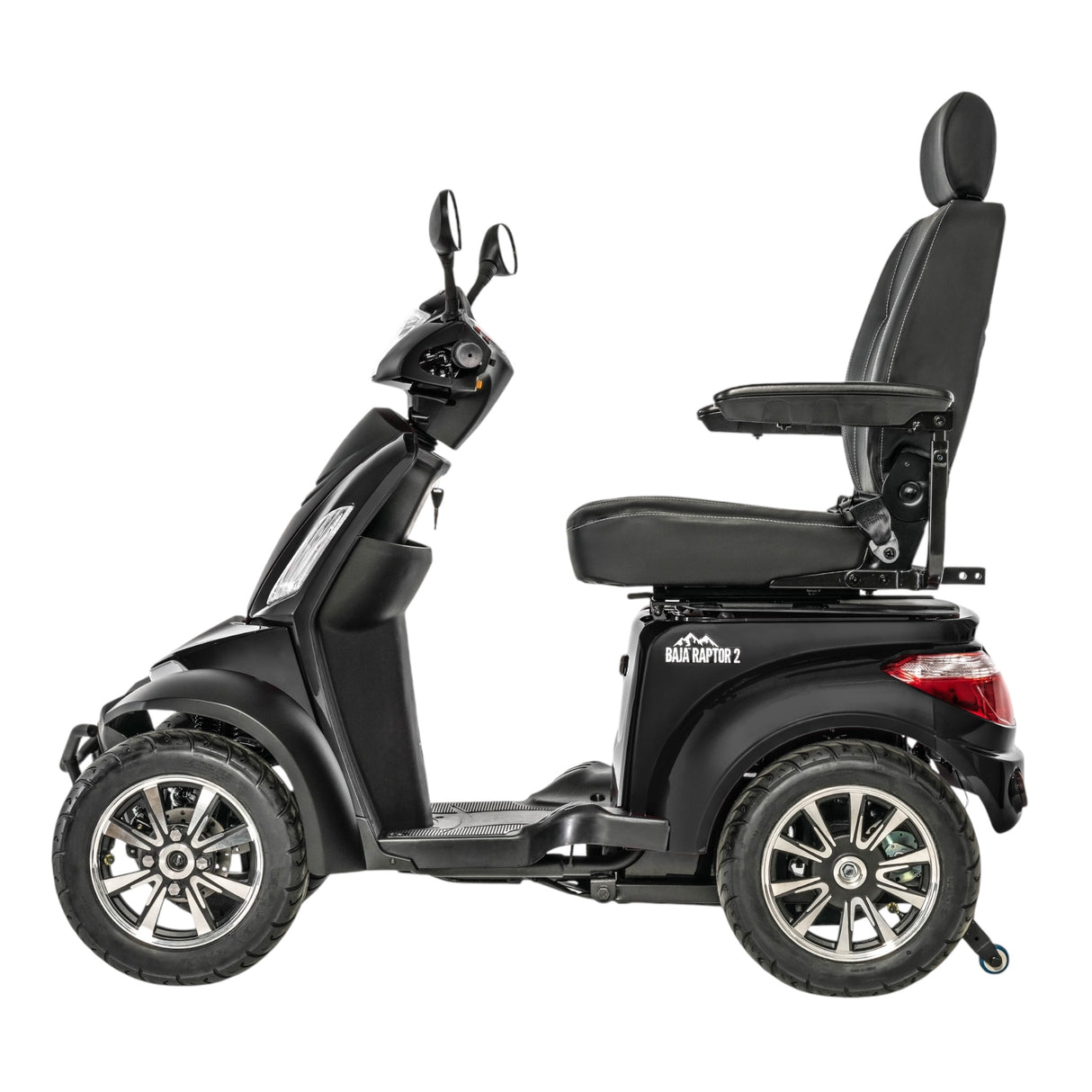 Left profile view of black Pride Mobility Baja Raptor 2 4 Wheel Heavy Duty Mobility Scooter