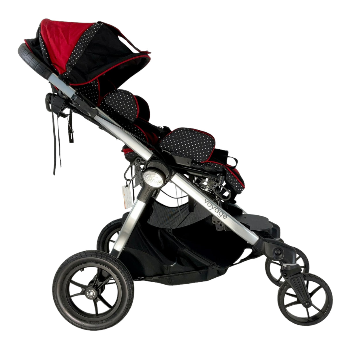 Right profile view of reclined Quickie Zippie Voyage stroller