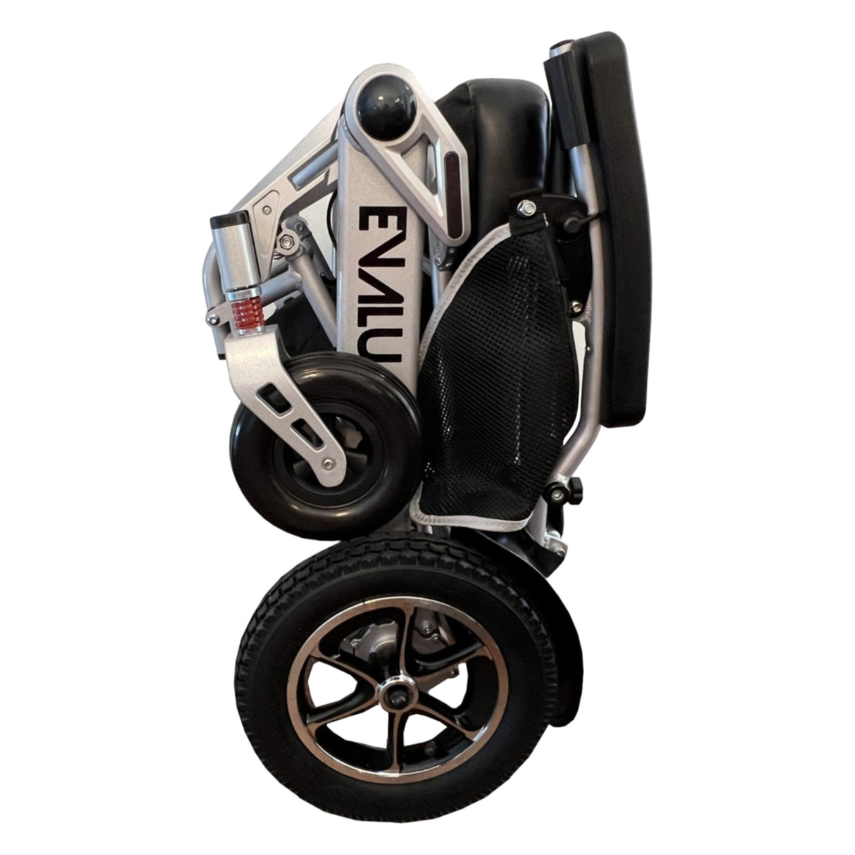Side view of folded Evaluation Evolution Automatic Folding Power Wheelchair
