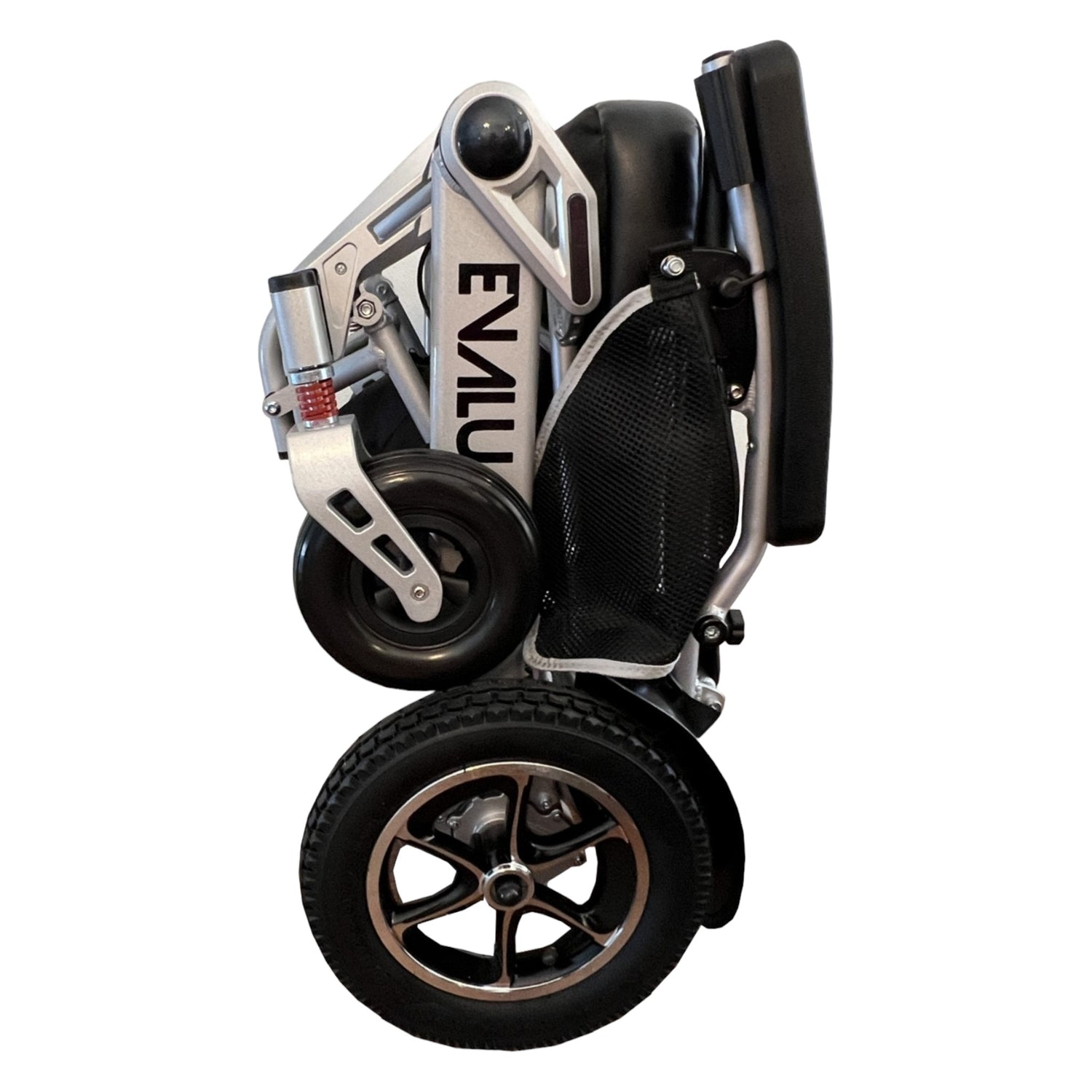 Side view of folded Evaluation Evolution Automatic Folding Power Wheelchair