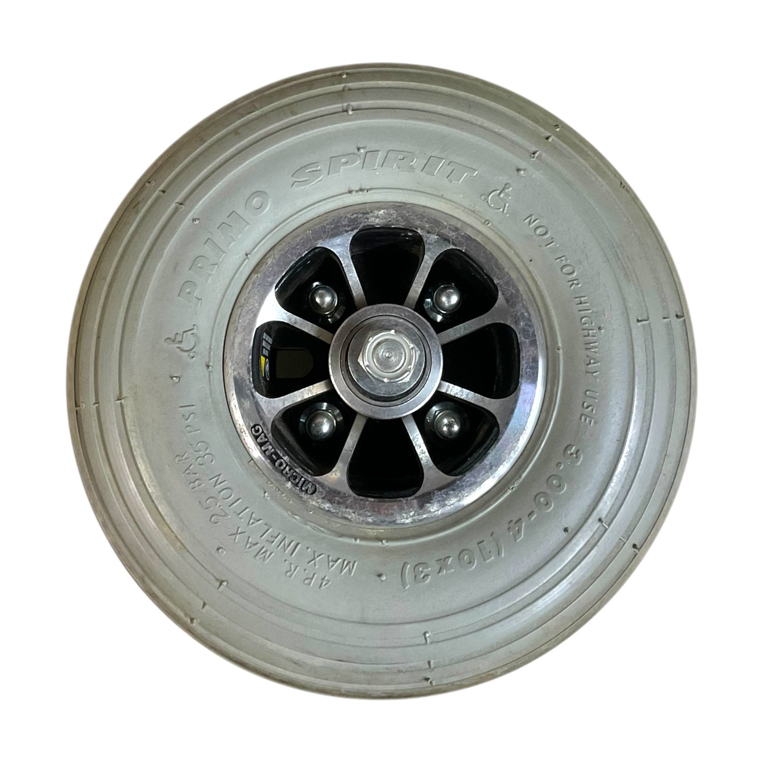 Back View of Flat-Free Front Wheel Assembly for 3-Wheel Pride Mobility Celebrity X & Legend Scooters