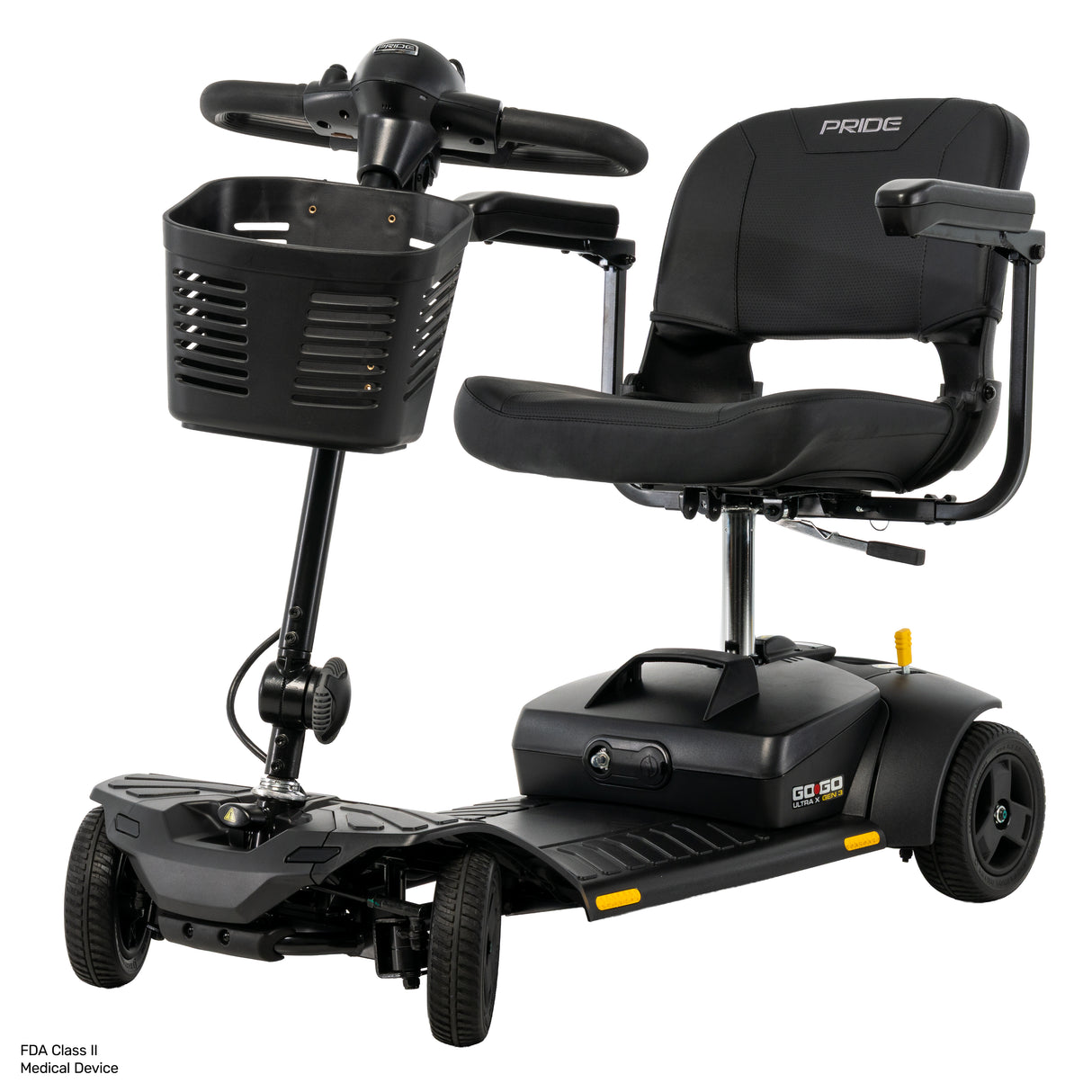 Go Go Ultra X Gen 3 mobility scooter with a front basket, adjustable seat, and wheels, shown on a white background.