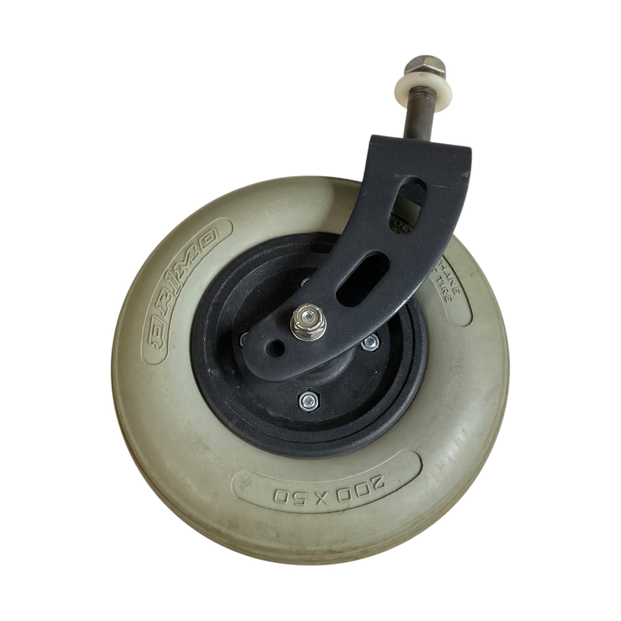 A single industrial swivel caster wheel with a beige-gray rubber tire, black plastic hub, and black metal bracket assembly on a white background.