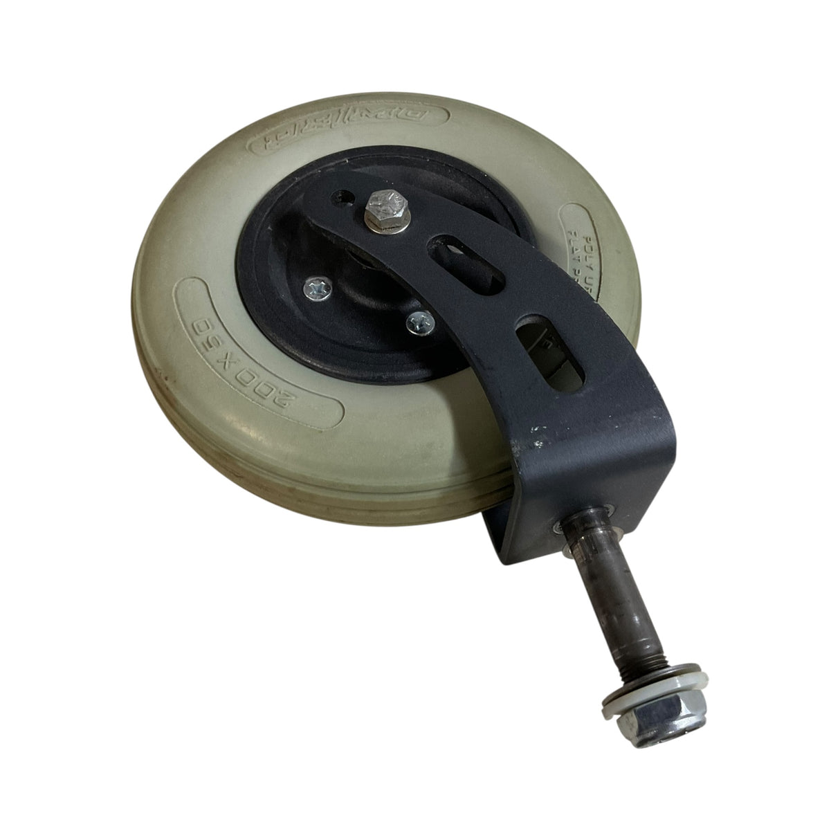 A single industrial wheel assembly with a beige rubber tire, black mounting bracket, and a threaded metal bolt with a hex nut, isolated on a white background.