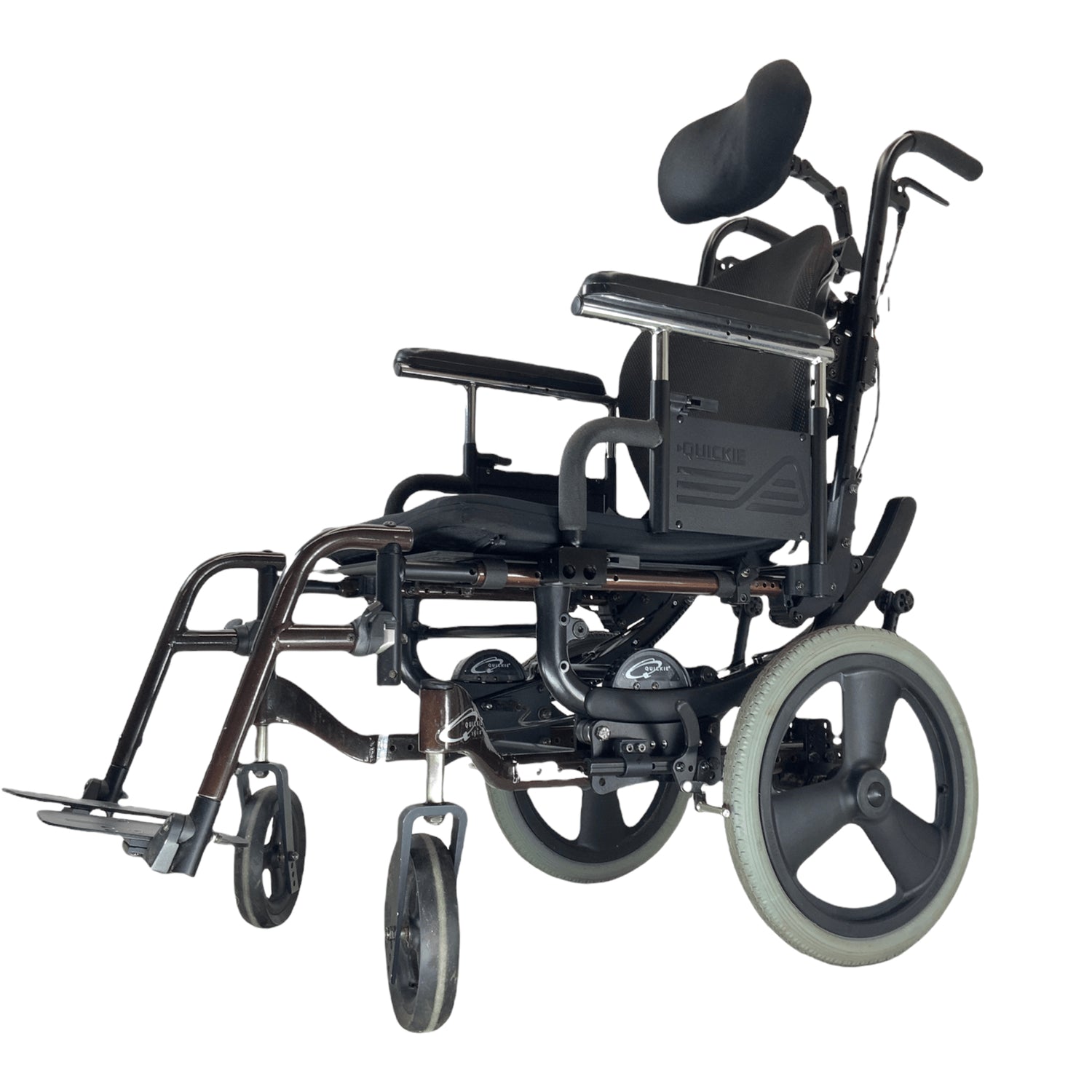 Left profile view of Quickie Iris Tilt-in-Space wheelchair