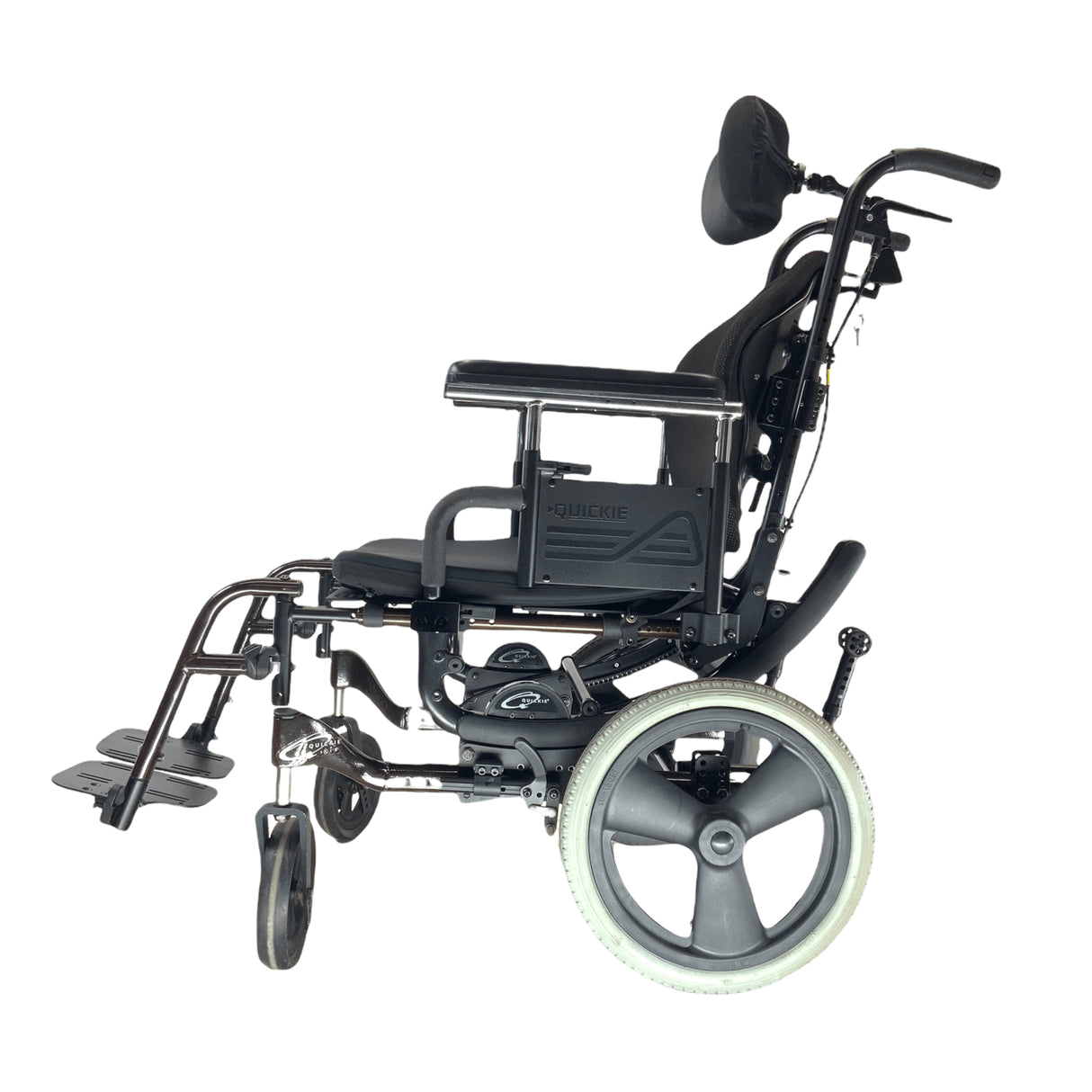 Left side view of Quickie Iris Tilt-in-Space wheelchair