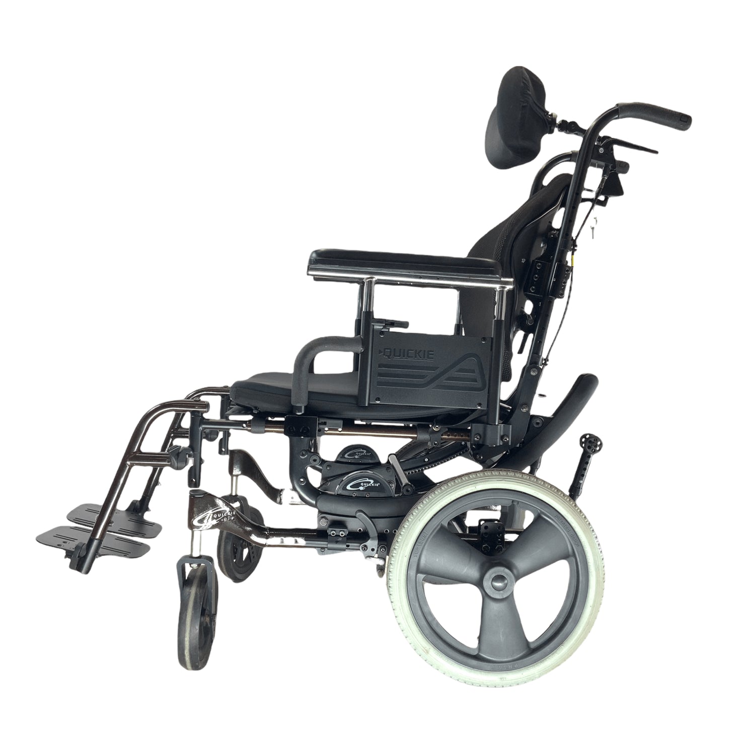 Left side view of Quickie Iris Tilt-in-Space wheelchair