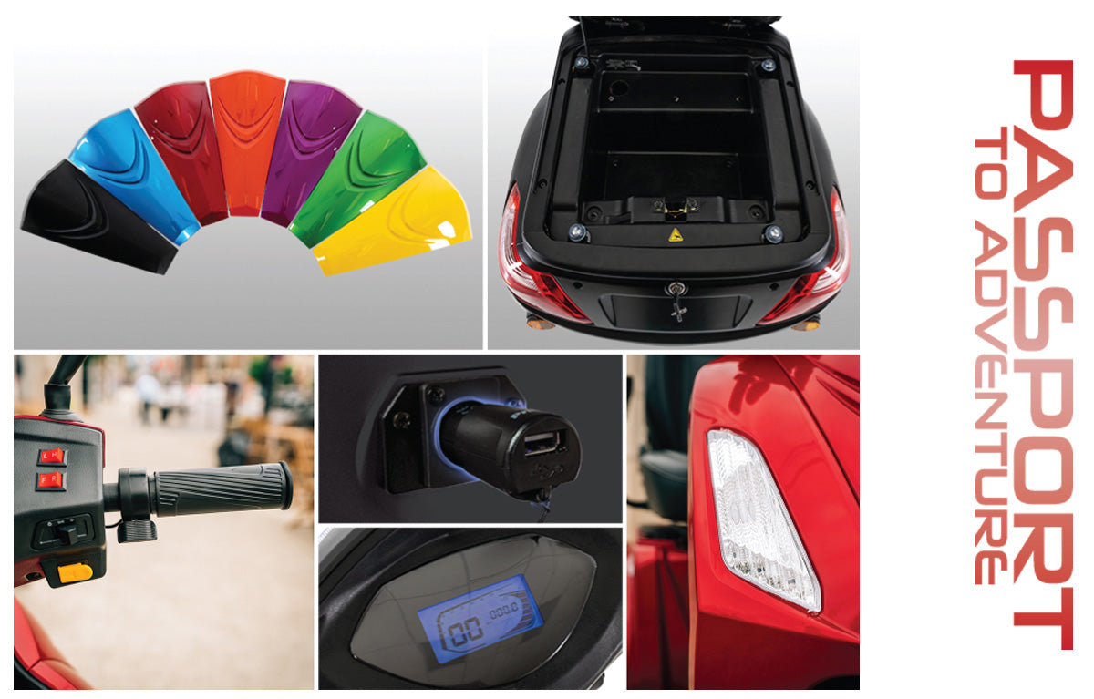 the words 'Passport to Adventure' and a photo collage of the Pride Mobility Baja Raptor 2 mobility scooter features: the colored insert options, the storage compartment, the steering/acceleration grips, a compatible usb charging adapter for mobile devices, the digital dash display, and the front lighting assembly