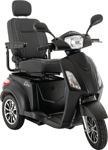 front view of a Baja Raptor 2 from Pride Mobility in Matte Black
