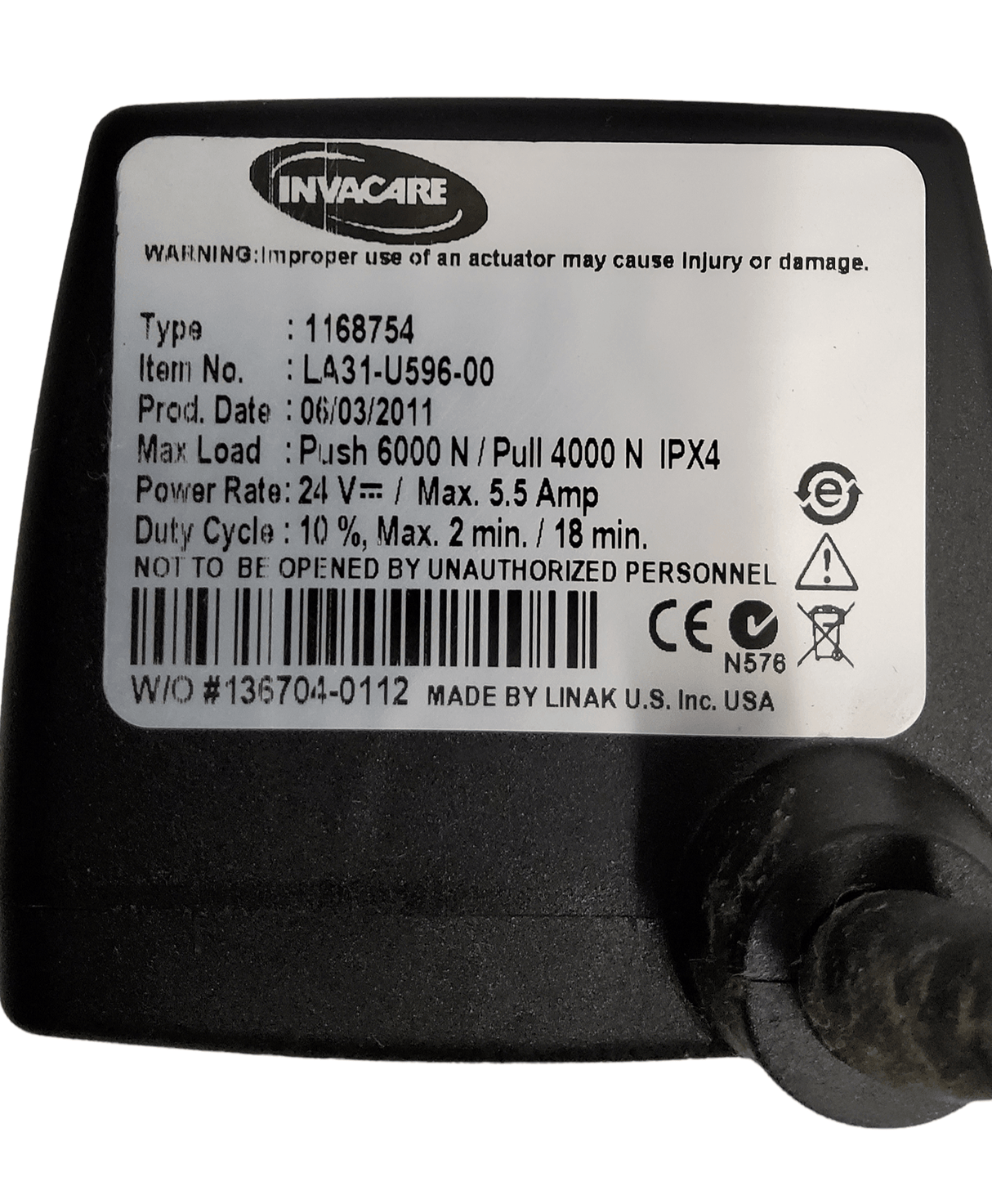actuator for invacare tdx sp fdx power wheelchairs linak LA31-U596-00 label