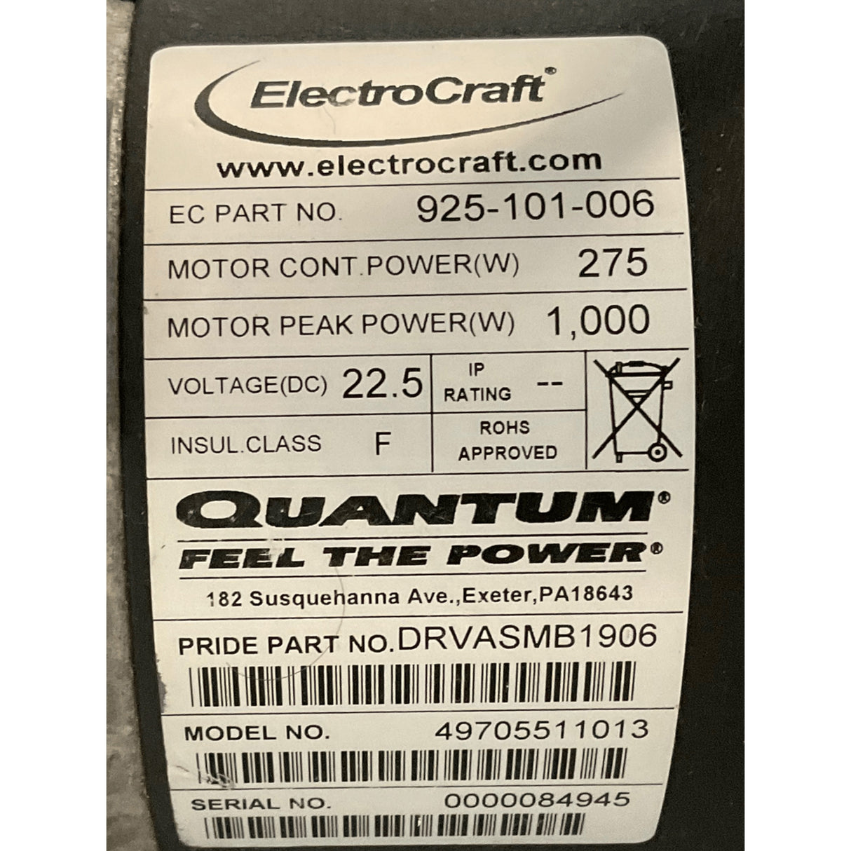 product label on the right motor for a Quantum 6000z power chair