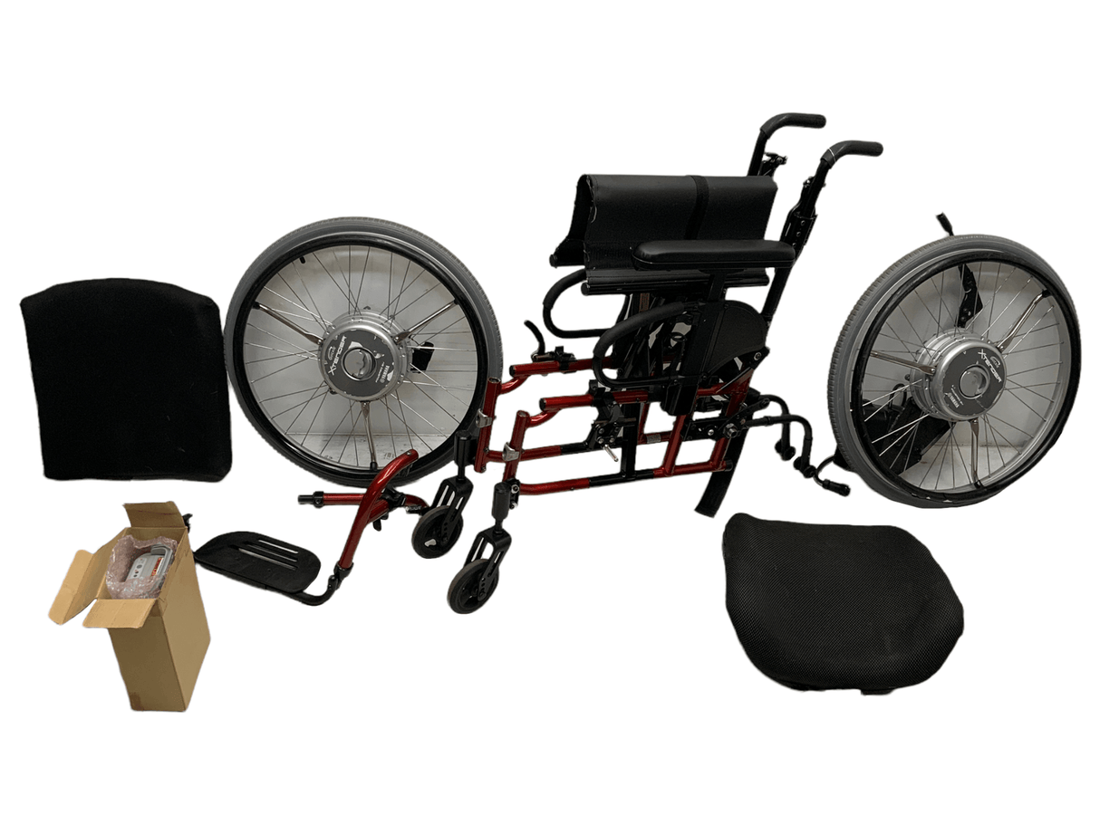 sunrise medical quickie 2 red manual folding wheelchair with Xtender power assist wheels disassembled