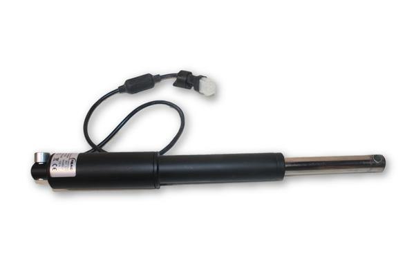 a black metal actuator with a coiled cable on a white background