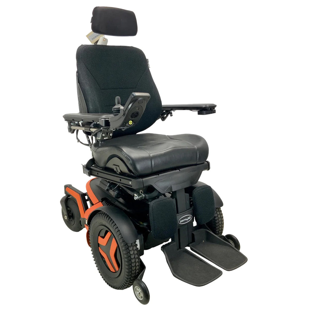 an orange and black power rehab wheelchair viewed from the front at an angle