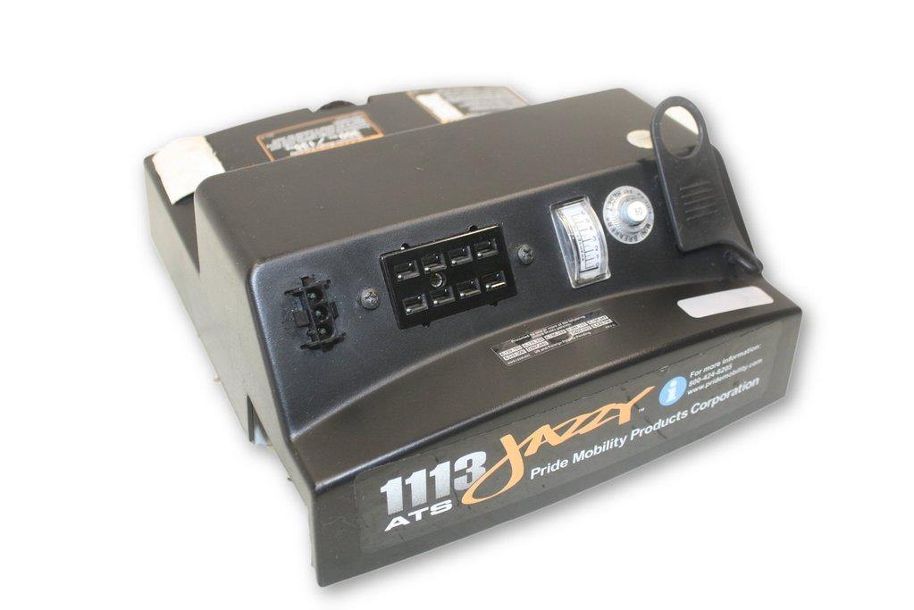 a black contoured utility tray with various connection sockets and the words '1113 Jazzy' on the front