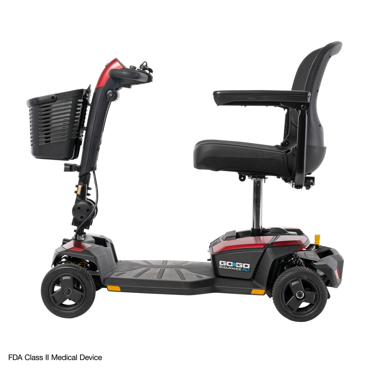 Left Profile View of Red Pride Mobility Go Go Endurance AL+ Portable Mobility Scooter