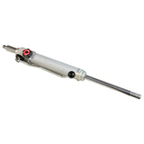 A silver metal hydraulic cylinder with a white plastic barrel, a chrome rod, and a red adjustment knob, shown on a plain white background.