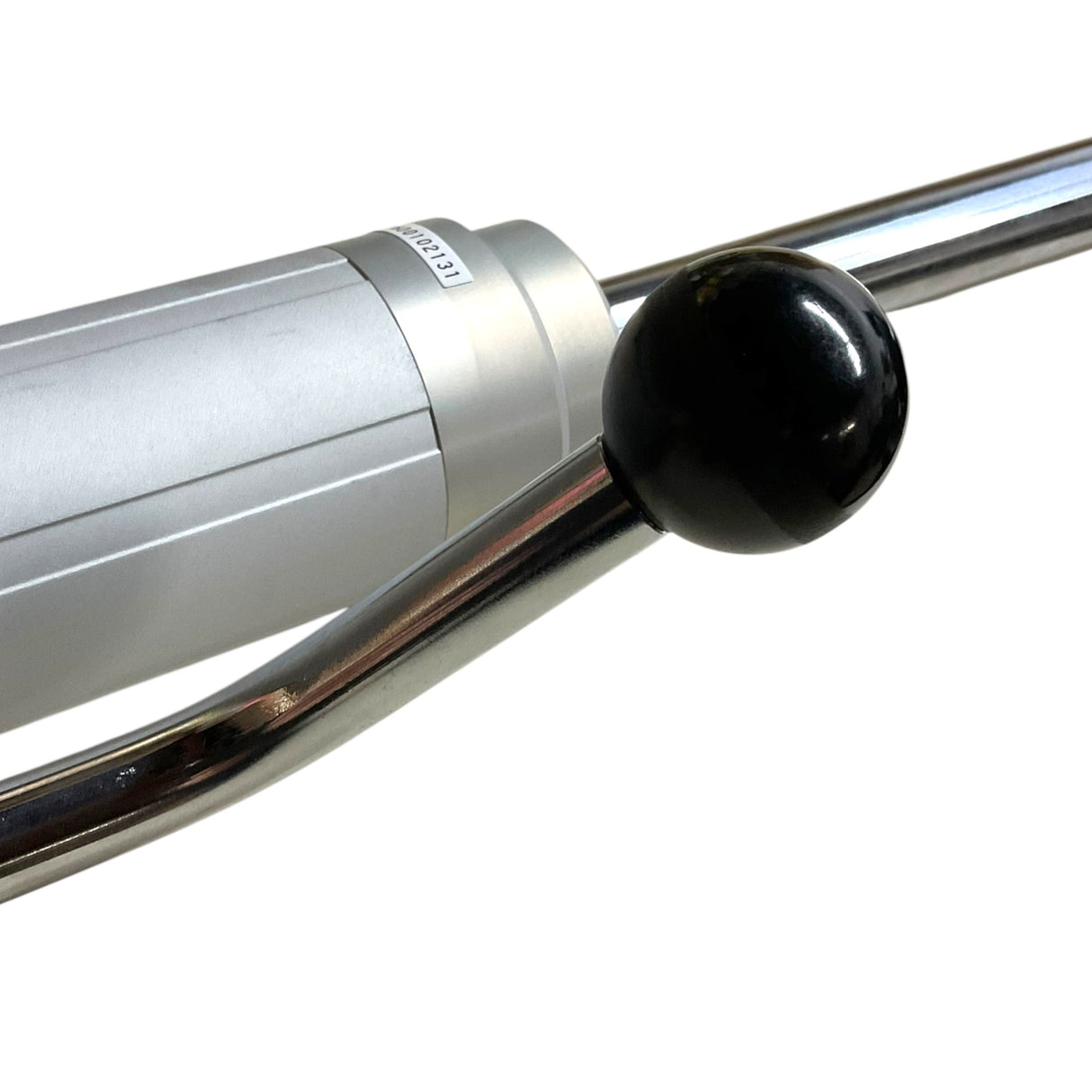 Close-up of a metal hand crank with a black spherical knob and a silver cylindrical body on a white background.