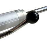 Close-up of a metal hand crank with a black spherical knob and a silver cylindrical body on a white background.