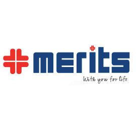 the merits logo -- a large divided red cross to the left of the word 'merits' in stylized blue letters with a red cross in place of the dot on the I. the tagline 'with you for life' is written beneath the logo in a handwritten print