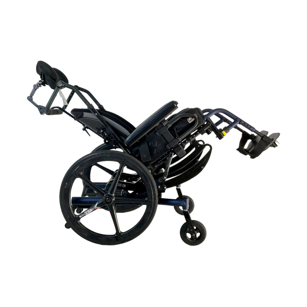 Right side view of tilted Ki Mobility Focus CR Tilt-In-Space Manual Wheelchair