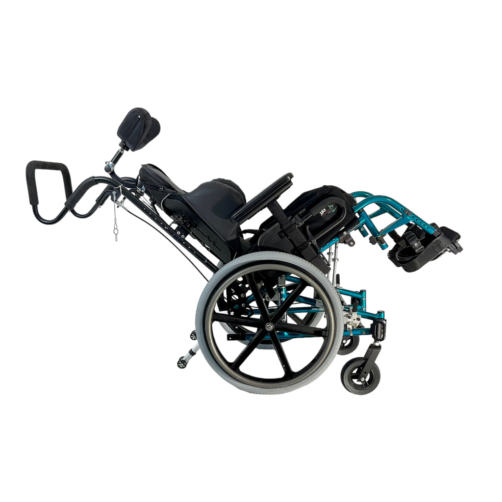 Right side view of tilted Sunrise Medical Quickie Zippie tilt-in-space manual wheelchair