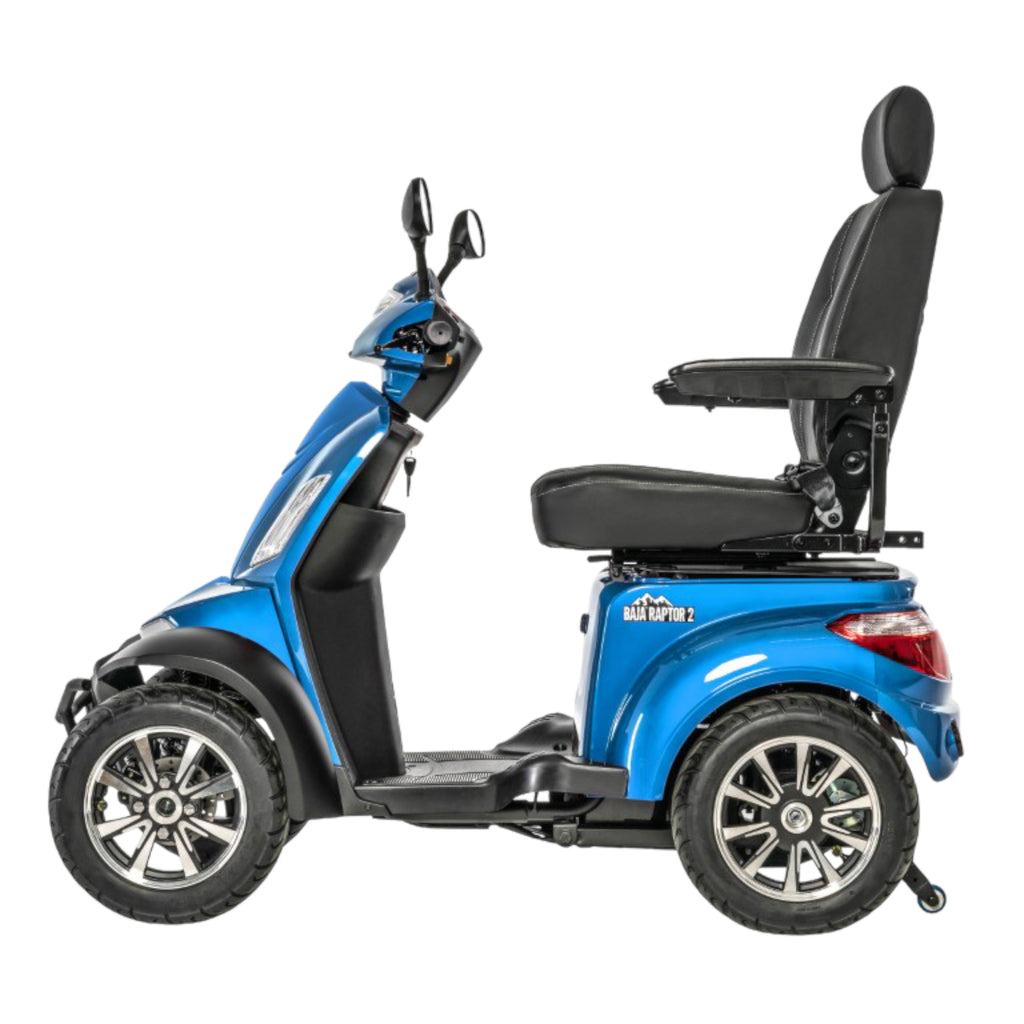 Left profile view of blue Pride Mobility Baja Raptor 2 4 Wheel Heavy Duty Mobility Scooter