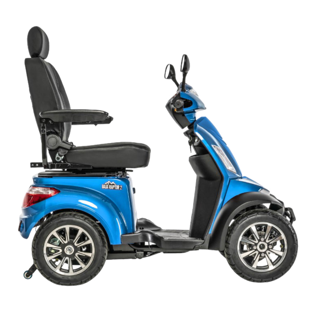 Right profile view of blue Pride Mobility Baja Raptor 2 4 Wheel Heavy Duty Mobility Scooter