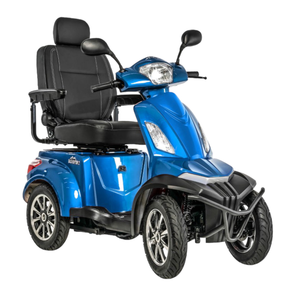 Right side view of blue Pride Mobility Baja Raptor 2 4 Wheel Heavy Duty Mobility Scooter