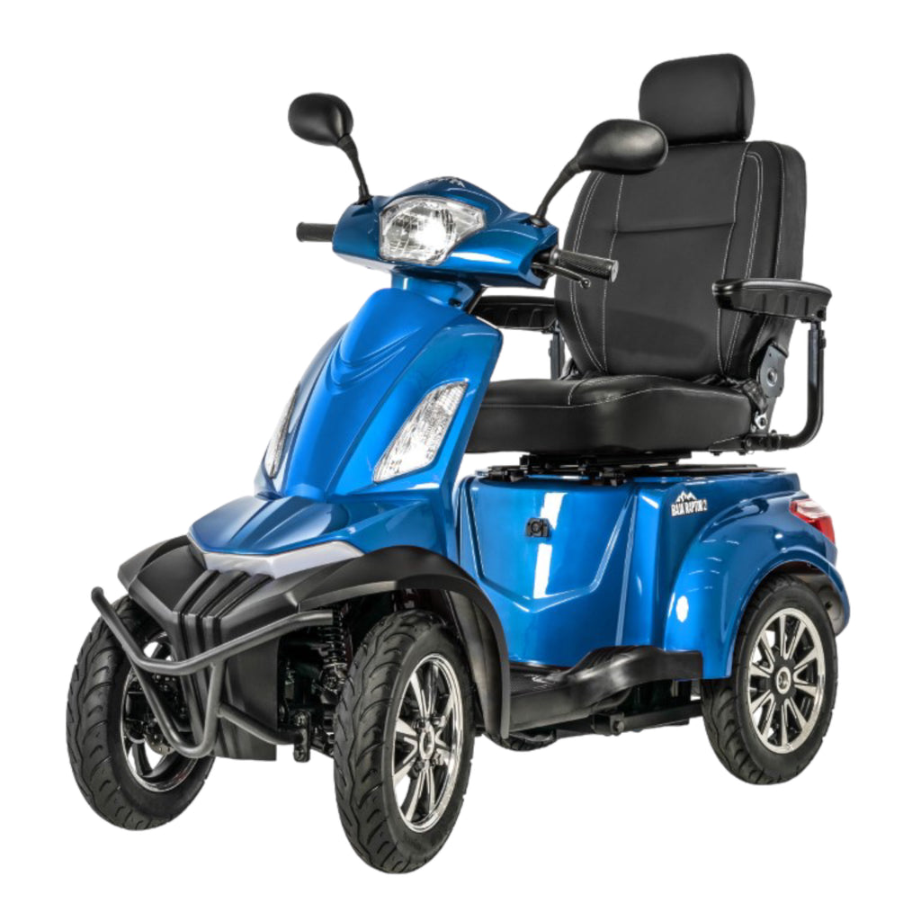 Left view of blue Pride Mobility Baja Raptor 2 4 Wheel Heavy Duty Mobility Scooter