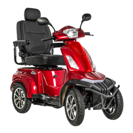 Right side view of red Pride Mobility Baja Raptor 2 4 Wheel Heavy Duty Mobility Scooter