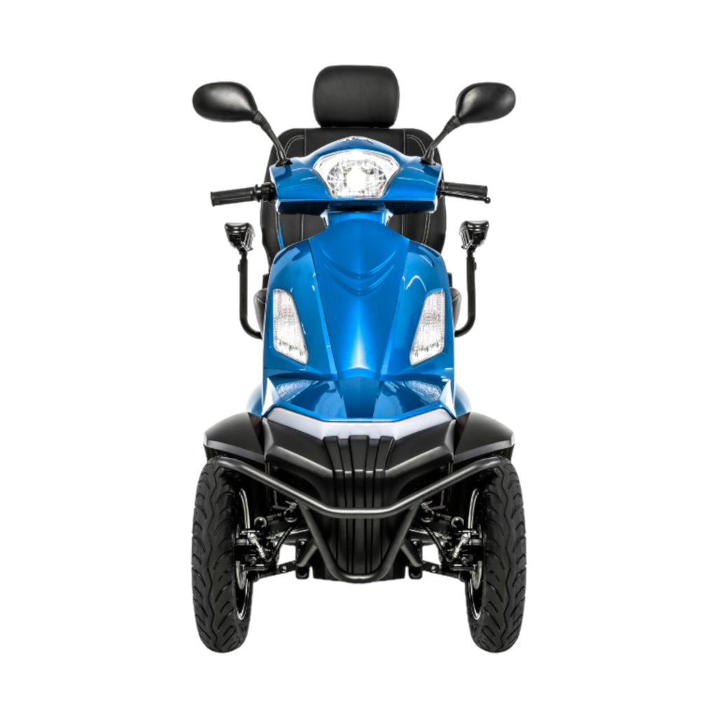 Front view of blue Pride Mobility Baja Raptor 2 4 Wheel Heavy Duty Mobility Scooter