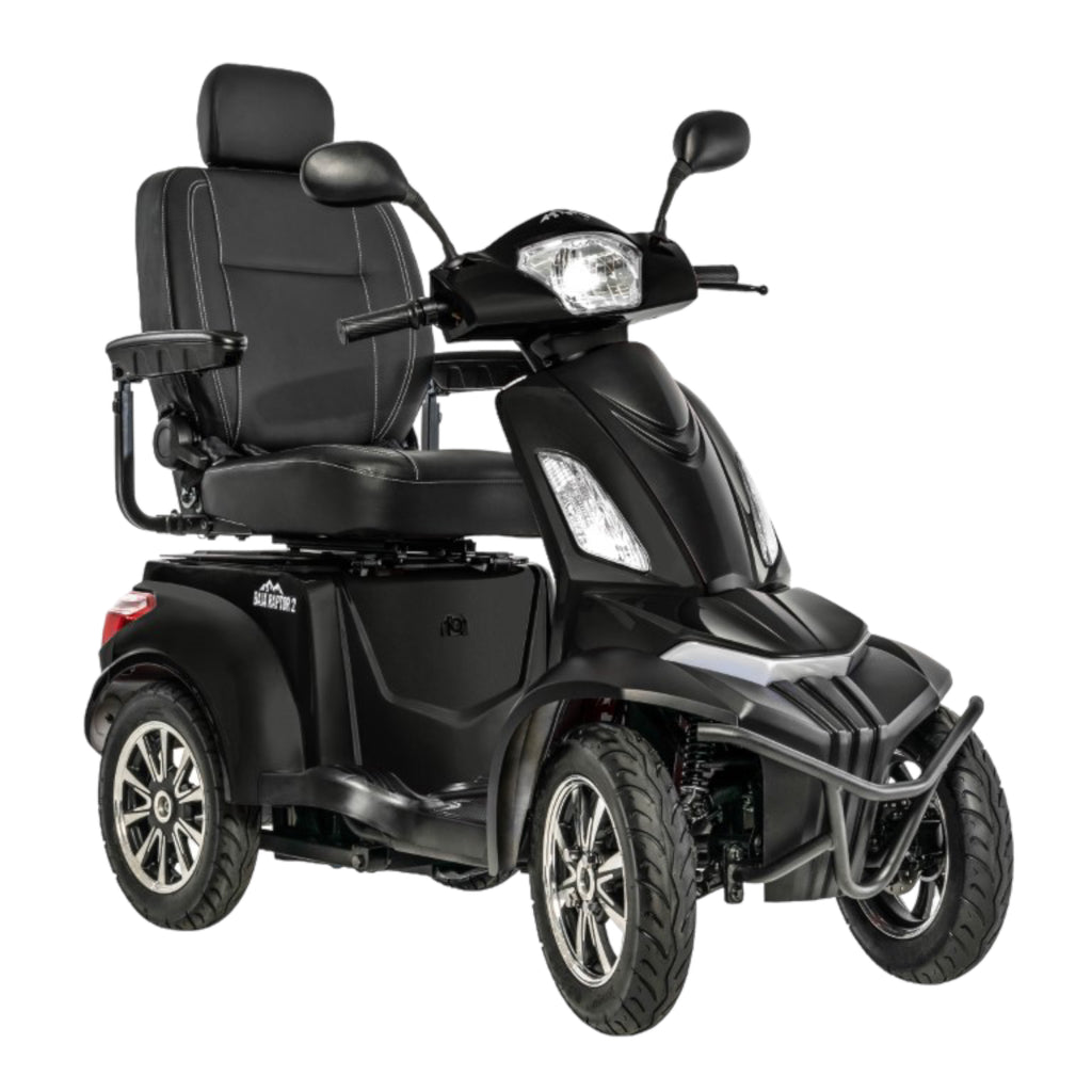 Right side view of black Pride Mobility Baja Raptor 2 4 Wheel Heavy Duty Mobility Scooter