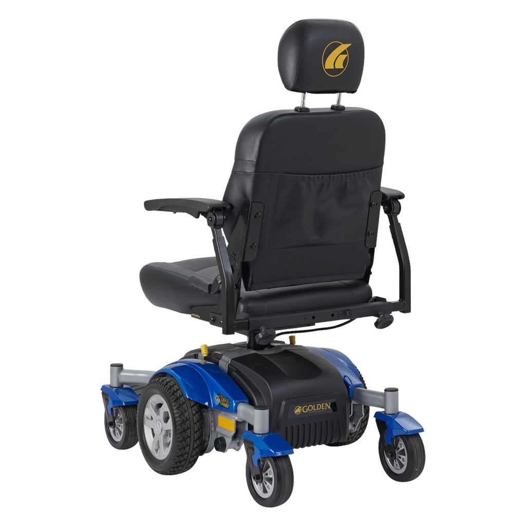 Backside view of blue Golden Technologies Compass Sport power chair
